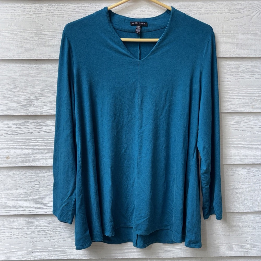 Eileen Fisher Teal Long Sleeved Women's Tunic Shirt Size Large V-Neck Stretchy